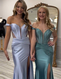 Grey Green Off the Shoulder Satin Mermaid Long Prom Dress with Slit