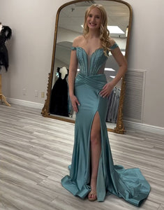 Grey Green Off the Shoulder Satin Mermaid Long Prom Dress with Slit