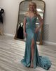 Grey Green Off the Shoulder Satin Mermaid Long Prom Dress with Slit