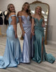 Grey Green Off the Shoulder Satin Mermaid Long Prom Dress with Slit