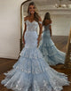 Light Blue Mermaid Off the Shoulder Tulle Tiered Long Prom Dress