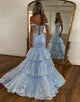 Light Blue Mermaid Off the Shoulder Tulle Tiered Long Prom Dress