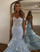 Light Blue Mermaid Off the Shoulder Tulle Tiered Long Prom Dress