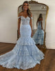 Light Blue Mermaid Off the Shoulder Tulle Tiered Long Prom Dress