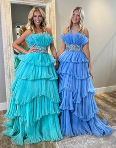 Blue A-Line Strapless Tulle Tiered Long Prom Dress