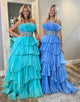 Blue A-Line Strapless Tulle Tiered Long Prom Dress