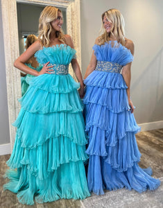 Blue A-Line Strapless Tulle Tiered Long Prom Dress