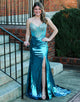 Peacock Blue Sweetheart Mermaid Beaded Long Prom Dress with Slit