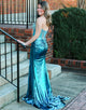 Peacock Blue Sweetheart Mermaid Beaded Long Prom Dress with Slit