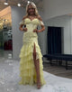 Yellow Spaghetti Mermaid Applique Tiered Long Prom Dress with Slit