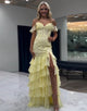 Yellow Spaghetti Mermaid Applique Tiered Long Prom Dress with Slit