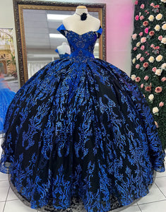 Sparkly Royal Blue Off the Shoulder Sequins Princess Quinceanera Dress with Appliques