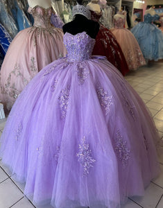 Sparkly Lilac Sweetheart Applique Ball Gown Tulle Quinceanera Dress with Bow