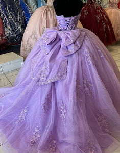 Sparkly Lilac Sweetheart Applique Ball Gown Tulle Quinceanera Dress with Bow