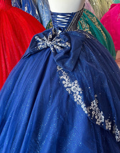 Sparkly Navy Off the Shoulder Applique Princess Tulle Quinceanera Dress