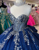 Sparkly Navy Off the Shoulder Applique Princess Tulle Quinceanera Dress