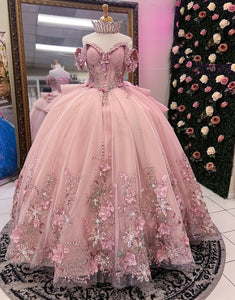 Pink Flower Off the Shoulder Applique Princess Tulle Quinceanera Dress with Train