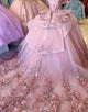 Pink Flower Off the Shoulder Applique Princess Tulle Quinceanera Dress with Train