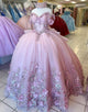 Pink Flower Off the Shoulder Applique Princess Tulle Quinceanera Dress with Train