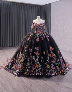 Black Off the Shoulder Embroidery Applique Princess Quinceanera Dress