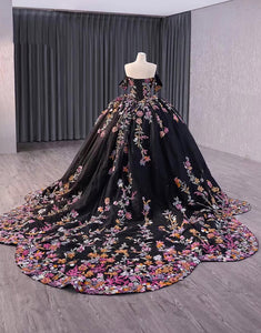 Black Off the Shoulder Embroidery Applique Princess Quinceanera Dress