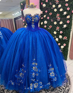 Sparkly Royal Blue Strapless Sequins Princess Quinceanera Dress with Applique