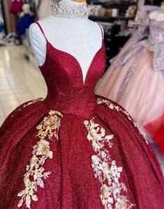 Sparkly Burgundy Spaghetti Straps Sequins Princess Quinceanera Dress