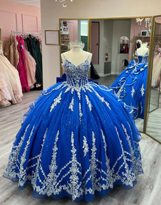 Royal Blue Spaghetti Straps Applique Tulle Princess Quinceanera Dress