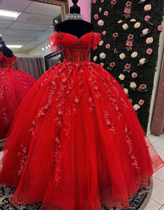 Sparkly Red Off the Shoulder Applique Ball Gown Tulle Quinceanera Dress