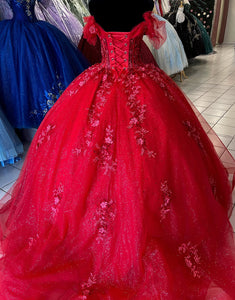 Sparkly Red Off the Shoulder Applique Ball Gown Tulle Quinceanera Dress