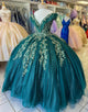 Glitter Green V-Neck Strapless Ball Gown Applique Quinceanera Dress