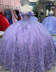 Lilac Off the Shoulder Applique Ball Gown Tulle Quinceanera Dress