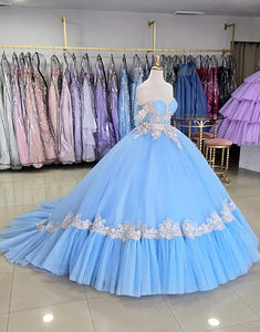 Blue Applique Off the Shoulder Ball Gown Tulle Quinceanera Dress