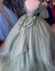 Grey Green V-Neck Applique Ball Gown Tulle Quinceanera Dress with Bow