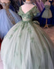 Grey Green V-Neck Applique Ball Gown Tulle Quinceanera Dress with Bow