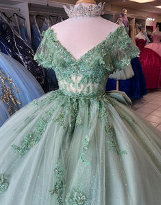 Grey Green V-Neck Applique Ball Gown Tulle Quinceanera Dress with Bow