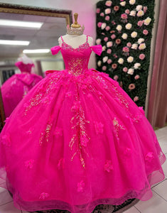 Fuchsia Spaghetti Applique Ball Gown Tulle Quinceanera Dress with Bow