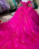 Fuchsia Spaghetti Applique Ball Gown Tulle Quinceanera Dress with Bow