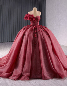 Sparkly Burgundy One Shoulder Applique Beaded Ball Gown Quinceanera Dress