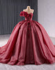 Sparkly Burgundy One Shoulder Applique Beaded Ball Gown Quinceanera Dress