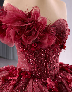 Sparkly Burgundy One Shoulder Applique Beaded Ball Gown Quinceanera Dress