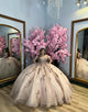 Champagne Off the Shoulder Applique Sequins Ball Gown Tulle Quinceanera Dress