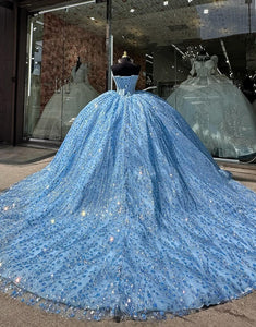 Sparkly Blue Sequins Ball Gown Quinceanera Dress with Beading