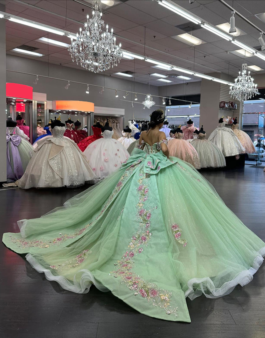 Dressself Light Green Off the Shoulder Sleeveless Backless Lace-up Applique Princess Tulle Quinceanera Dress with Bow Dressself Light Green Off the Shoulder Sleeveless Backless Lace-up Applique Princess Tulle Quinceanera Dress with Bow