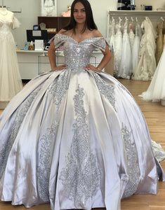 Silver Off the Shoulder Satin Applique Sequins Princess Quinceanera Dress