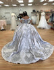 Silver Off the Shoulder Satin Applique Sequins Princess Quinceanera Dress