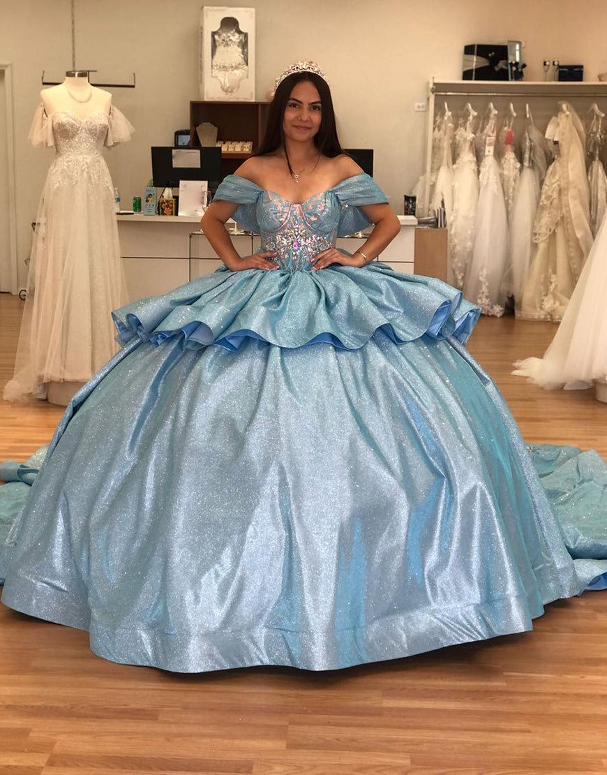 Dressself Glitter Grey Blue Off the Shoulder Sleeveless Backless Lace-up Sequins Princess Quinceanera Dress with Train Dressself Glitter Grey Blue Off the Shoulder Sleeveless Backless Lace-up Sequins Princess Quinceanera Dress with Train