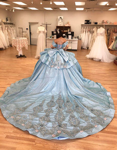 Glitter Grey Blue Off the Shoulder Sequins Princess Quinceanera Dress