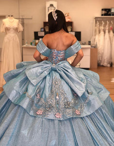 Glitter Grey Blue Off the Shoulder Sequins Princess Quinceanera Dress