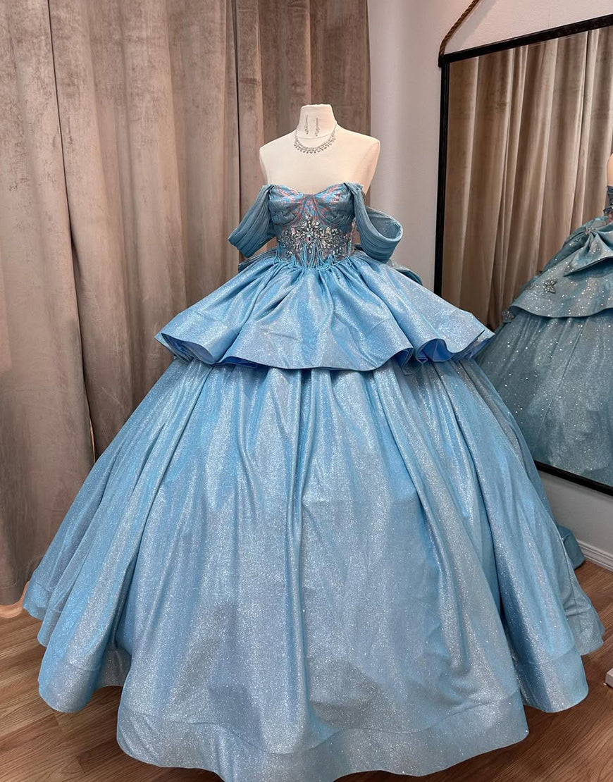 Dressself Glitter Grey Blue Off the Shoulder Sleeveless Backless Lace-up Sequins Princess Quinceanera Dress with Train Dressself Glitter Grey Blue Off the Shoulder Sleeveless Backless Lace-up Sequins Princess Quinceanera Dress with Train